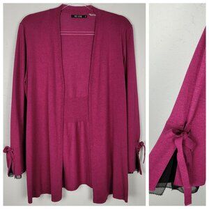 Nic+Zoe Open Front Cardigan Knit Chiffon Trim Sleeve Magenta Purple Size PM